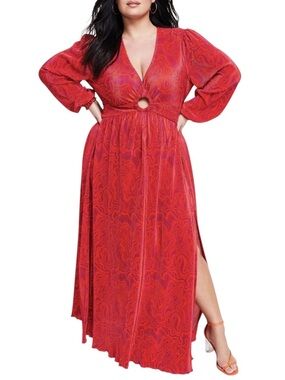 Nina Parker Keyhole Printed Pleated Jersey Maxi Dress Plus Size 1X